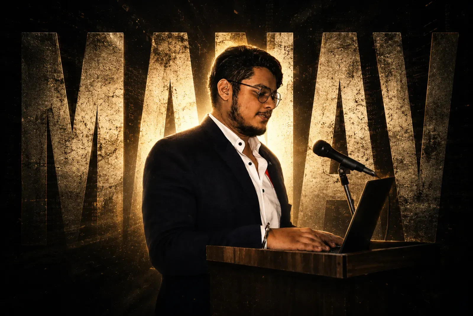 Manav Kumar speaking at a podium