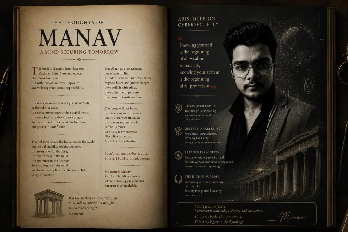 An open-book style spread introducing Manav Kumar, Application Security Engineer — architect of secure futures, builder of digital trust