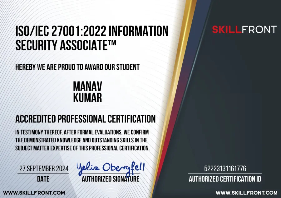 ISO — ISO/IEC 27001 Lead Auditor certification issued by Skillfront