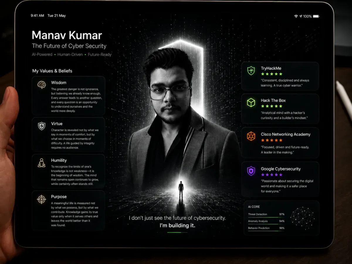 Manav Kumar's cybersecurity profile shown on a tablet, held in hand